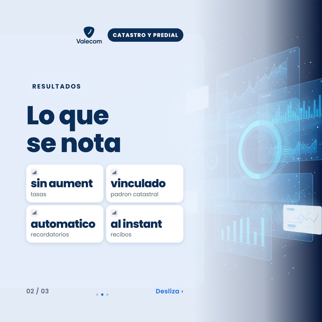 Cuatro tarjetas mostrando los beneficios clave de Valecom: sin aumento de tasas, padrón catastral vinculado, recordatorios automáticos y recibos al instante.